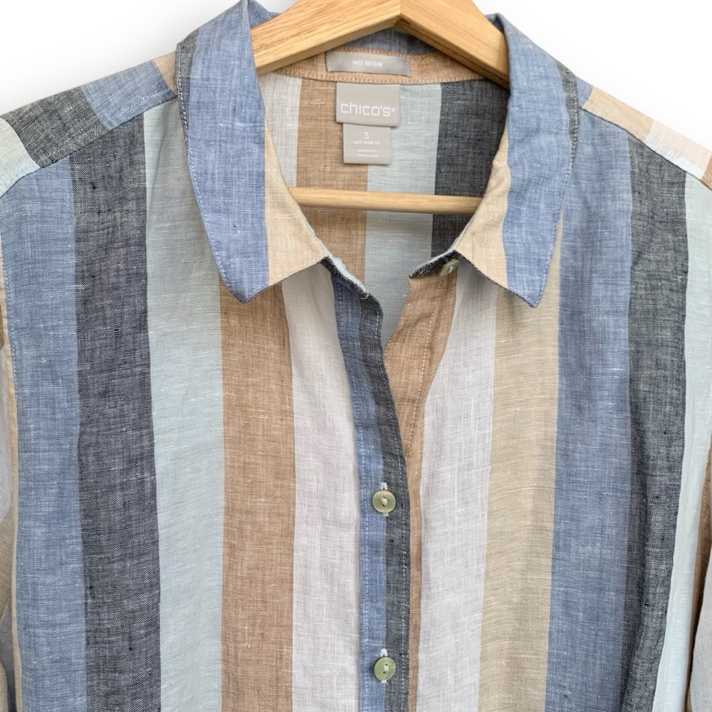 Chicos Linen Shirt Long Sleeve No-Iron Striped Tunic - Picture 3 of 15